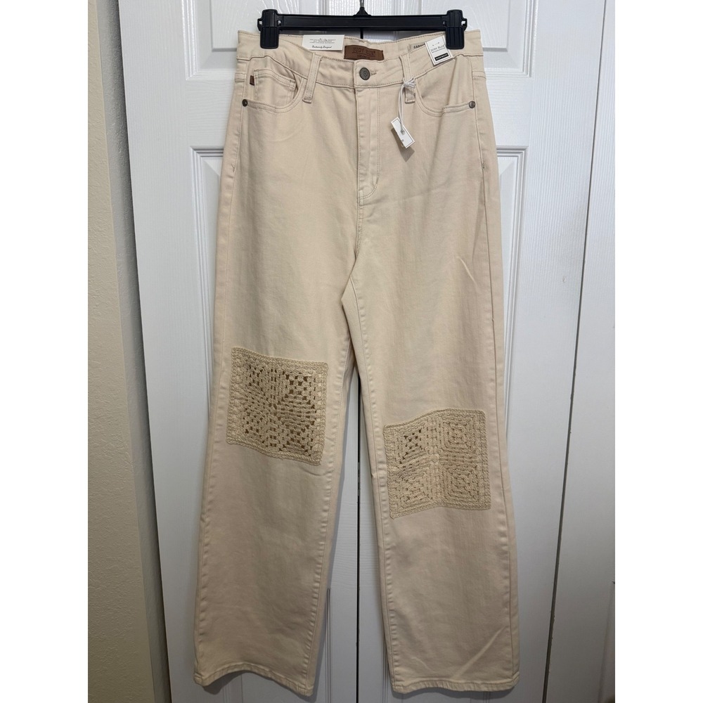 Judy Blue Cream Beige Crochet Lace Patch High Waist Wide Leg Jeans 11/30 NEW